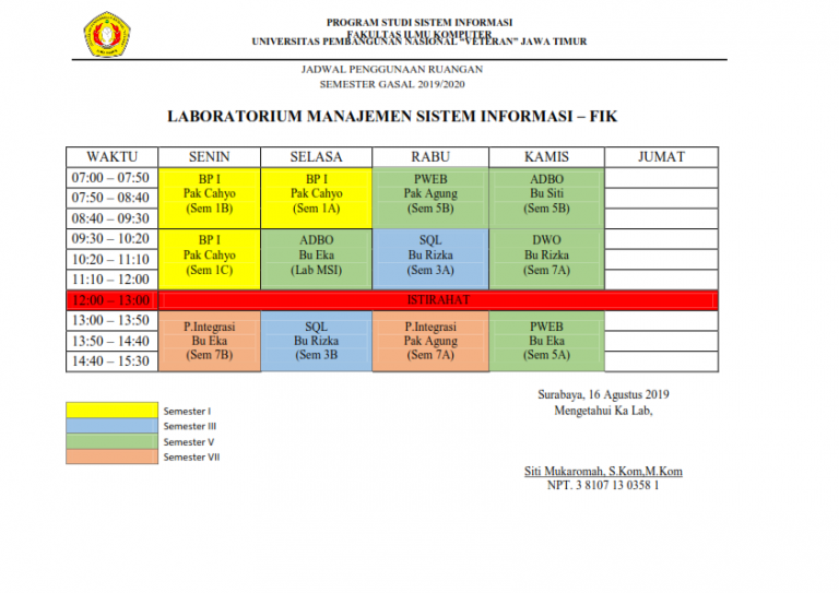 Jadwal penggunaan lab MSI TA 19.1 | Sistem Informasi